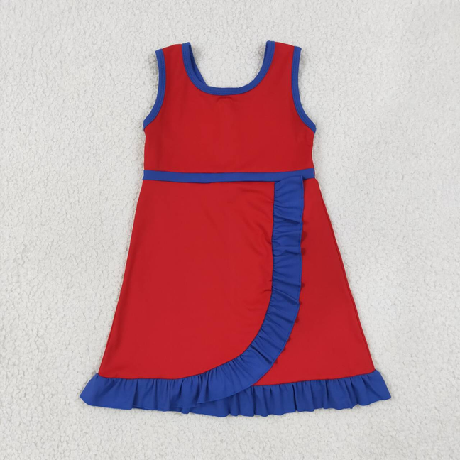 GSD4132  RTS NO MOQ （In stock）Sleeveless red blue scallop team kids girls athletic dress