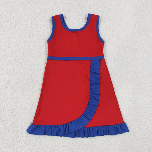 GSD4132  RTS NO MOQ （In stock）Sleeveless red blue scallop team kids girls athletic dress