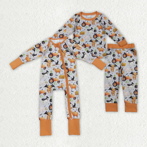 9.22 RTS Sibling Baby Boys Pumpkins Bats Halloween Zipper Footie Rompers Pajamas Sets