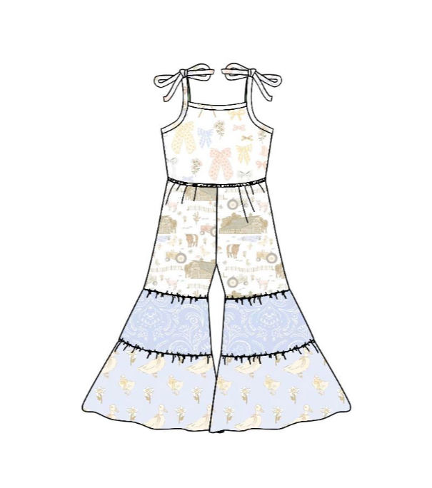 SR3586 Pre order No Moq No Moq Baby Girls Farm Animal Print Strap Spliced Flare Leg Rompers