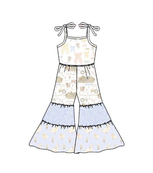 SR3586 Pre order No Moq No Moq Baby Girls Farm Animal Print Strap Spliced Flare Leg Rompers