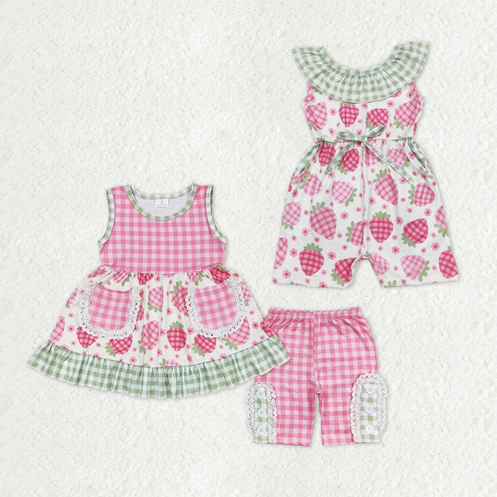 12.25 RTS Sibling Baby Girls Pink Checked Strawberry Pockets Tunic Shorts Clothes Sets Collar Jumpsuits