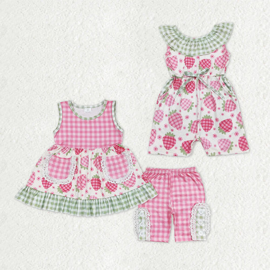 12.25 RTS Sibling Baby Girls Pink Checked Strawberry Pockets Tunic Shorts Clothes Sets Collar Jumpsuits