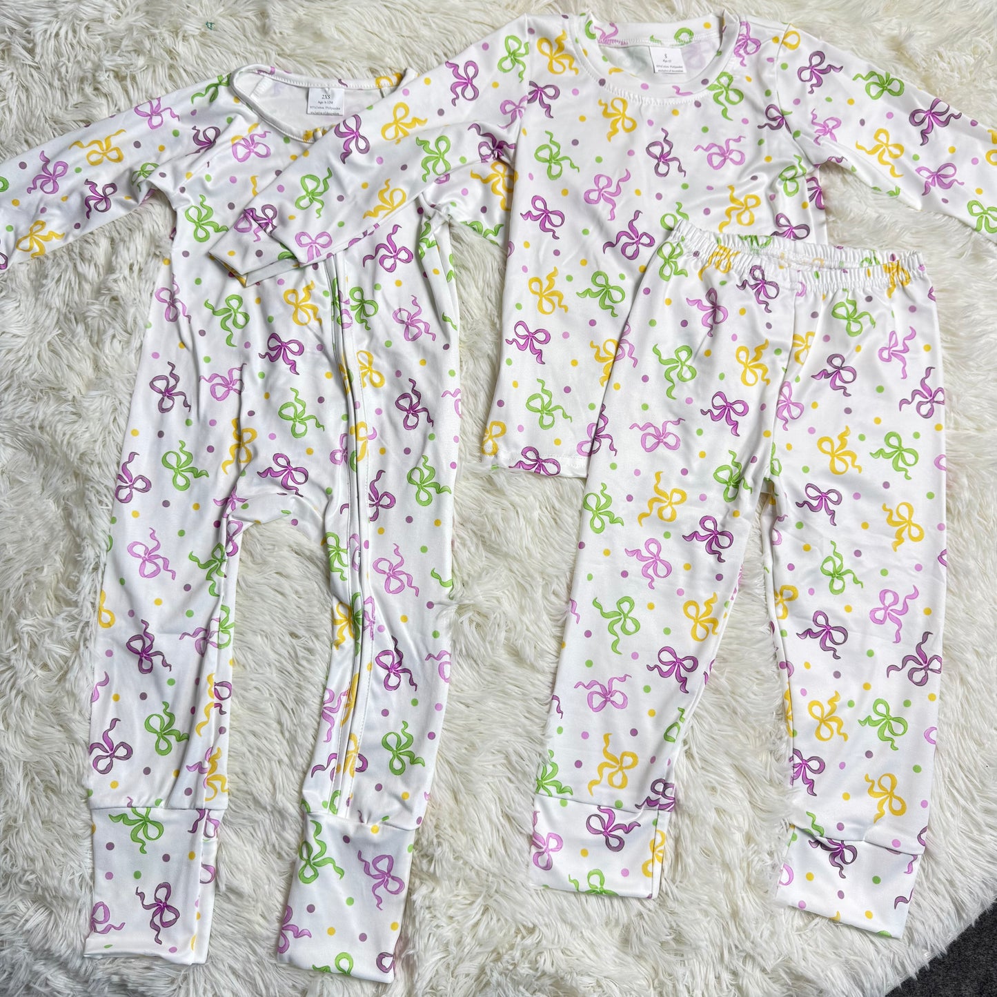 12.12 RTS Sibling Baby Girls Mardigras Bows Polka Dots Pants Pajamas Set Zipper Convertible Rompers