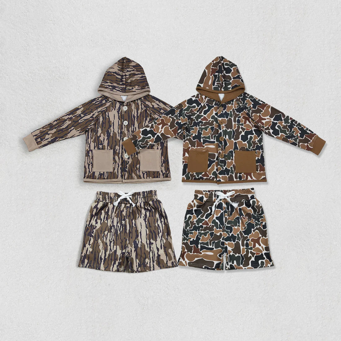 12.17 RTS Sibling Baby Boys Southern Camo Button Pockets Hoodies Shorts Hunting Clothes Sets
