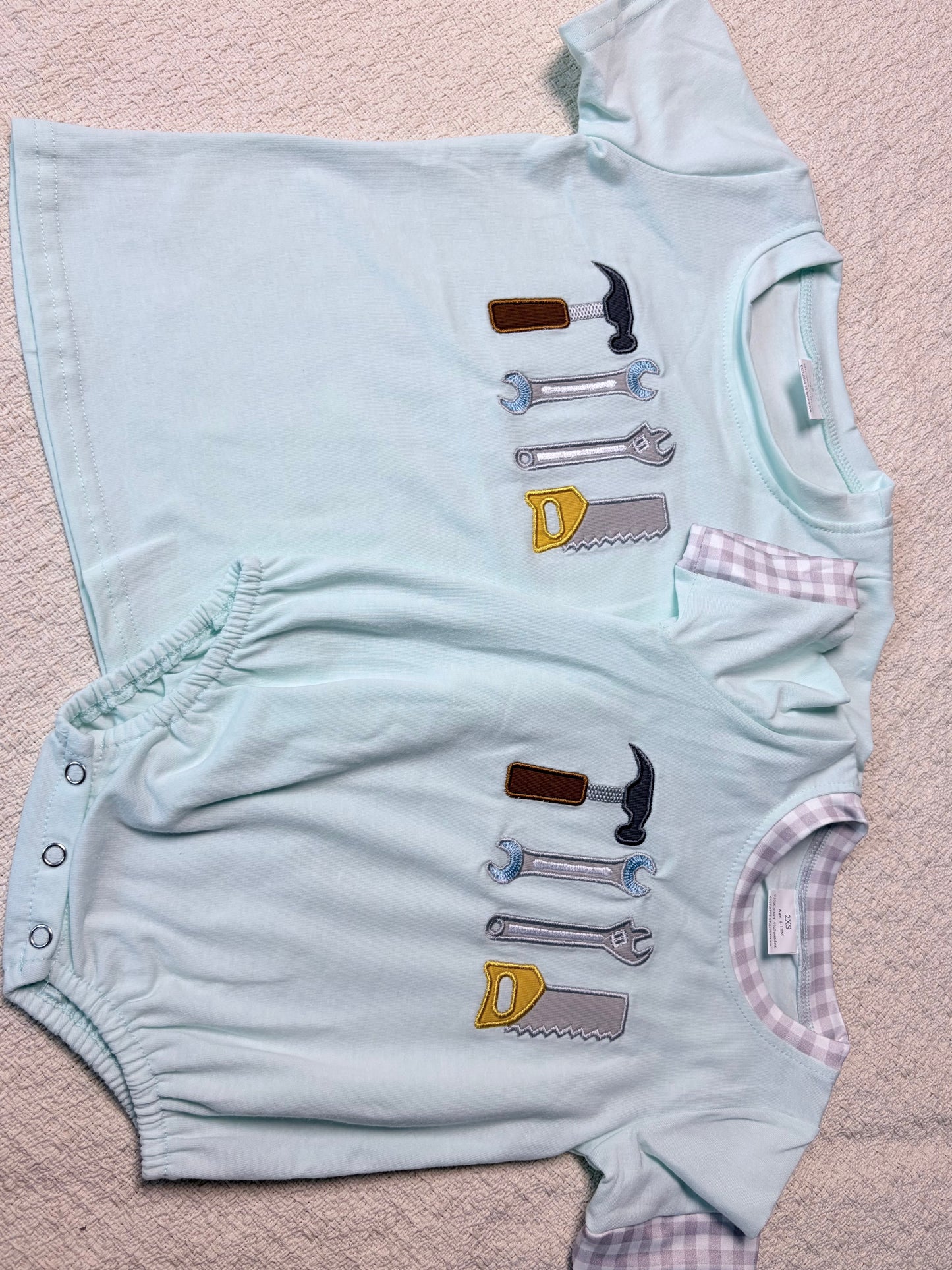 0430 RTS Sibling Short sleeves tools embroidery kids boys summer outfits and romper