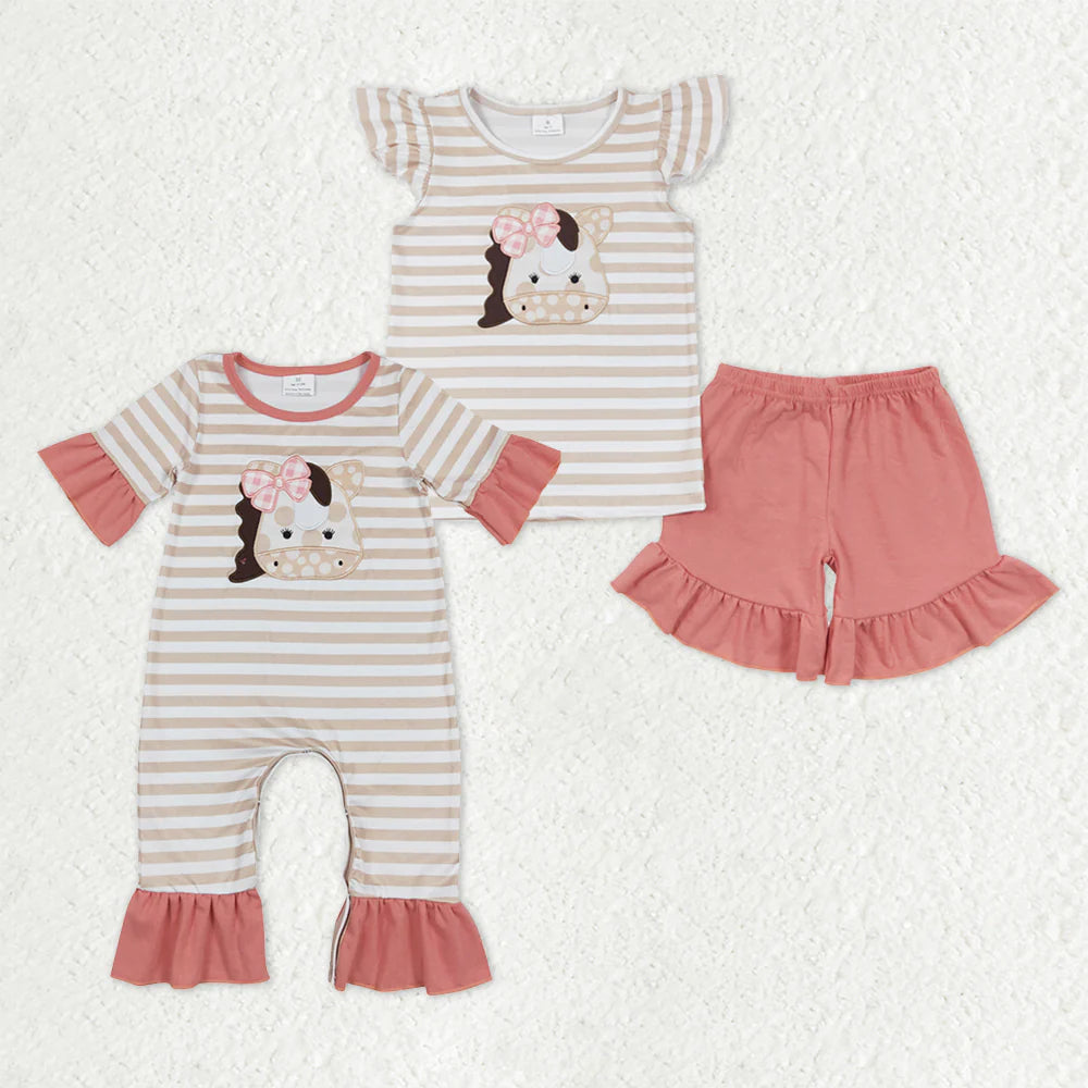12.30 RTS Sibling Baby Girls Embroidery Bow Horses Stripe Ruffle Shorts Western Clothes Sets Rompers