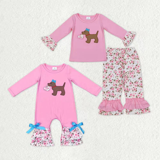 11.24 RTS Sibling Baby Girls Embroidery Floral Heart Dogs Ruffle Pant Valentines Clothes Sets Footie Rompers