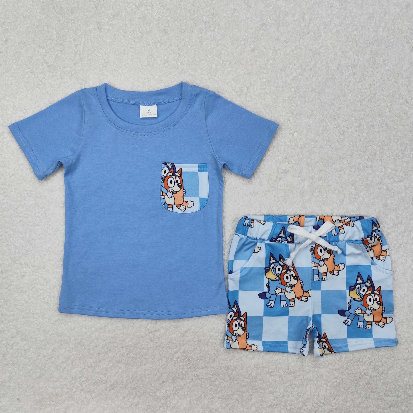 Light blue dog pocket polo shirt shorts boys summer clothes