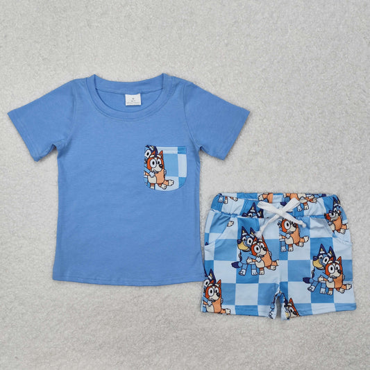 Light blue dog pocket polo shirt shorts boys summer clothes