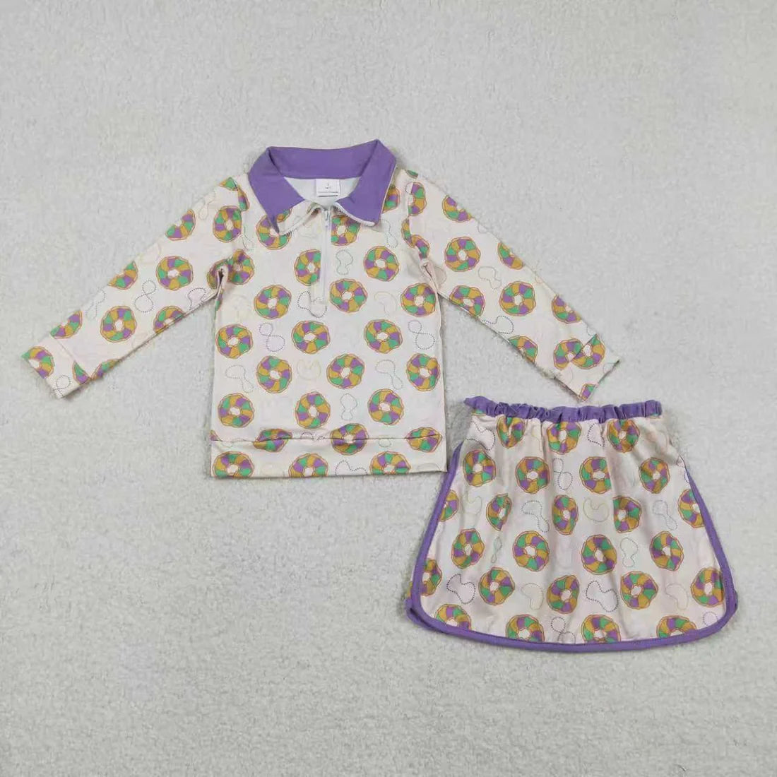 12.16 RTS Sibling Baby Girls Mardigras Donuts Masks Bows Zip Pullovers Skirt Shorts Clothes Sets