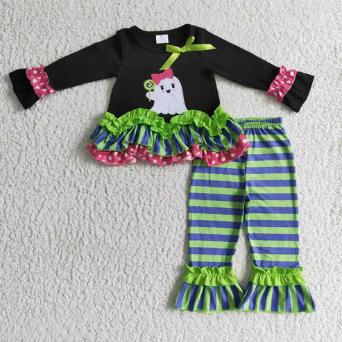 9.19 RTS Sibling Baby Girls Green Stripe Embroidery Ghost Tunic Ruffle Pants Halloween Clothes Sets Rompers