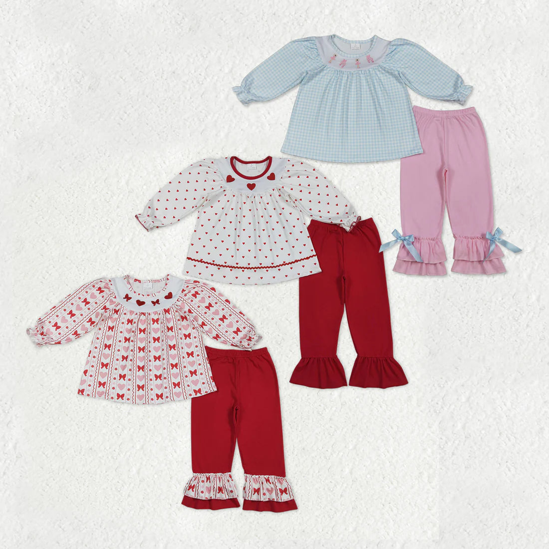 12.19 RTS Sibling Baby Girls Embroidery Bows Hearts Tunic Ruffle Pants Valentines Clothes Sets