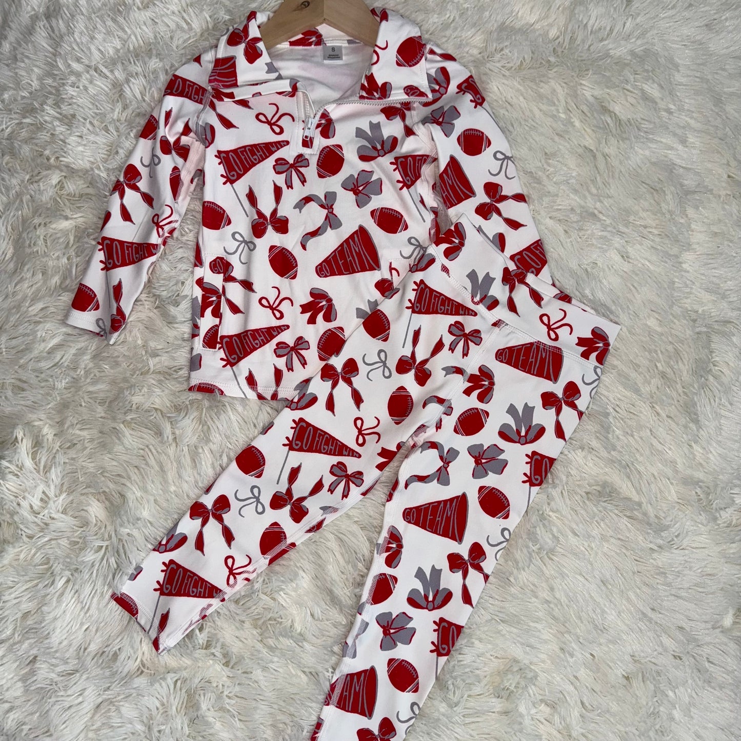 11.12 RST GT1198 + P0846  Baby Girls Red Bows Footballs Go Team Yoga Active Zipper Pullovers Top Legging Pants Bottom