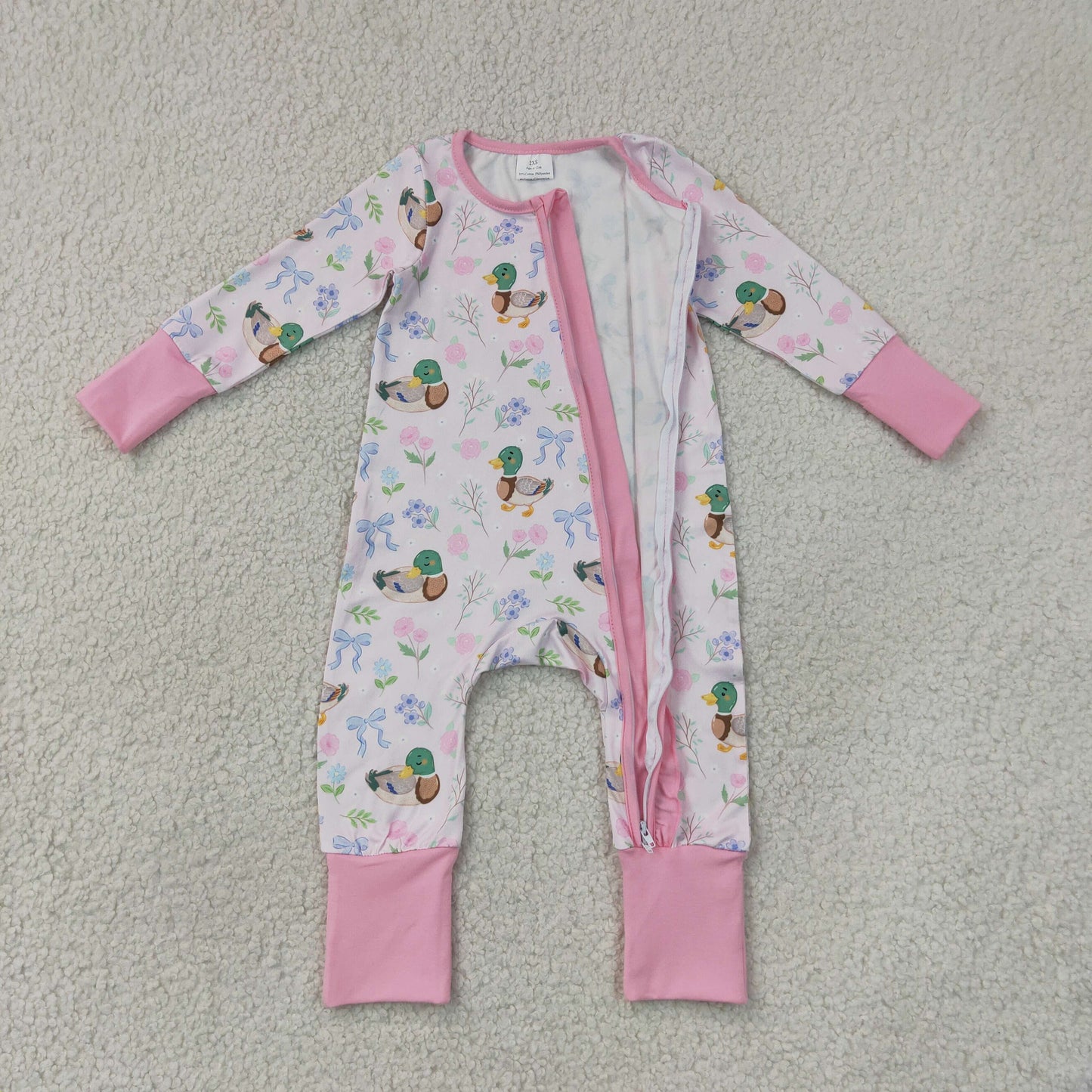 LR3071  RTS NO MOQ （In stock）Baby Girls Cute Floral Duck Long Sleeve Two Way Ruffle Zip Convertible Rompers