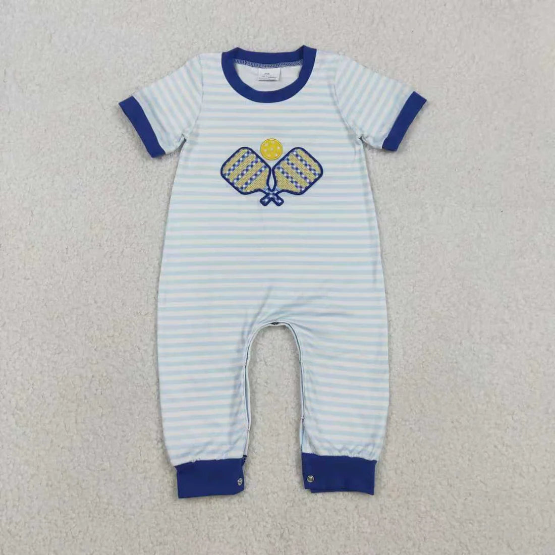 11.28 RTS Sibling Baby Boys Blue Stripe Embroidery Tennis Pants Team Clothes Set Footie Rompers