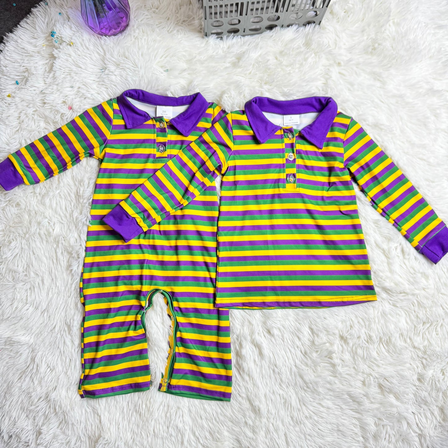 12.20 RTS Sibling Baby Boys Long Sleeve Mardigras Stripe Button Polo Shirts Top Pant Rompers