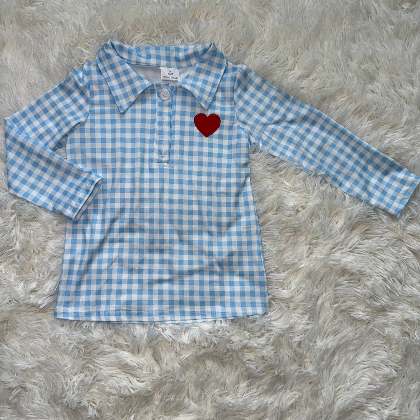 11.1 RST BT1386 Embroidery Hearts Baby Boys Blue Checked Valentine Polo Shirts Top