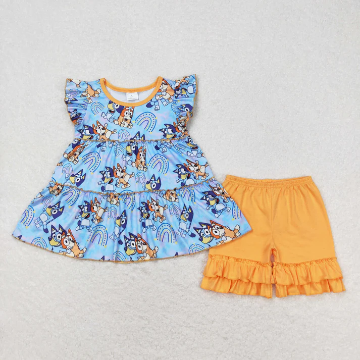 Baby Girls Colorful Puppy Pattern Fly Sleeve Top Lace-Up Shorts Set