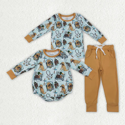 9.27 RTS Sibling Baby Boys Dog Ducks Top Pockets Pant Hunting Clothes Sets Rompers