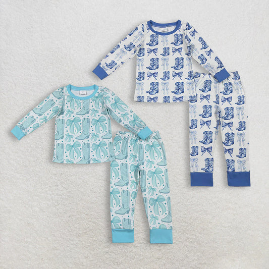 12.11 RTS Sibling Baby Girls Long Sleeve Bows Boots Top Pants Western Pajamas Sets