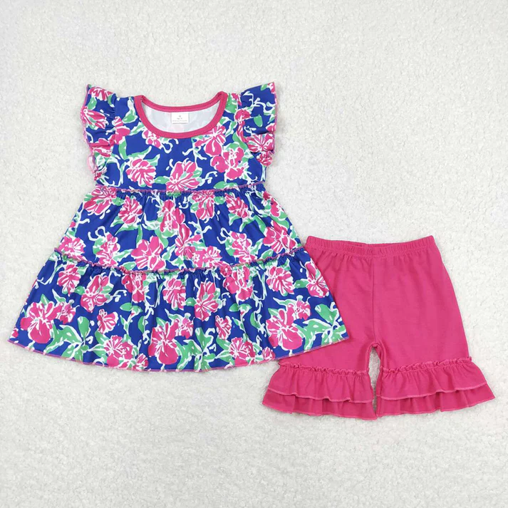 Baby Girls Colorful Floral Pattern Fly Sleeve Top Lace-up Shorts Set