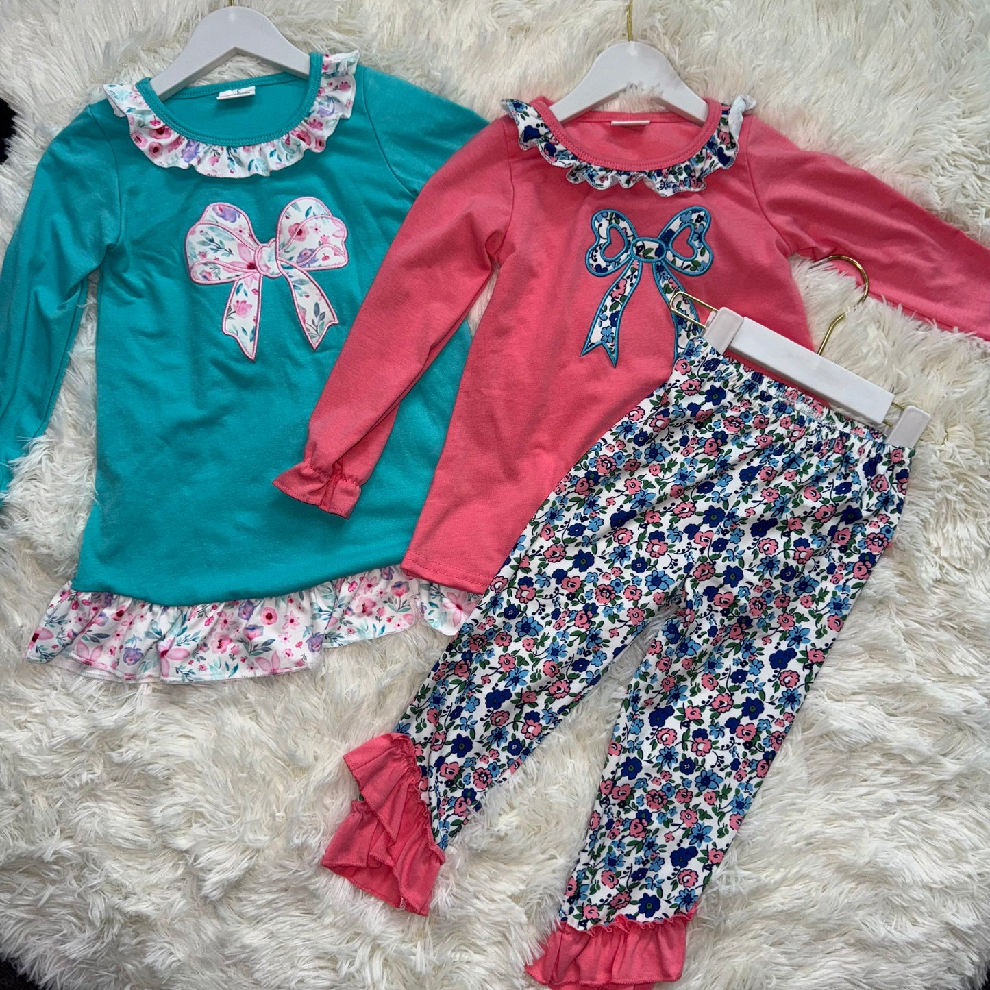 10.31 RST Sibling Embroidery Floral Bows Baby Girls Knee Length Dresses Clothes Sets