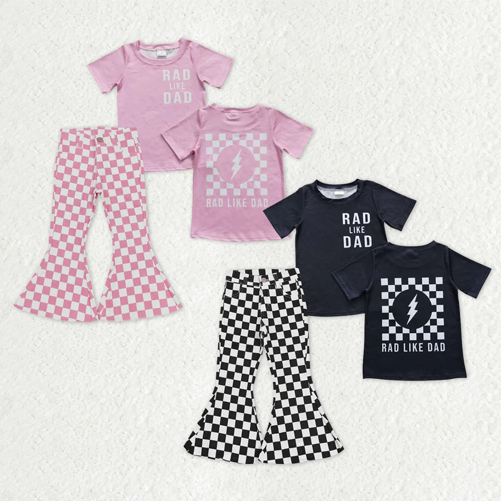 12.20 RTS Sibling Baby Girls Rad Like Dad Back Print Top Checked Bell Bottom Denim Pants Clothes Sets