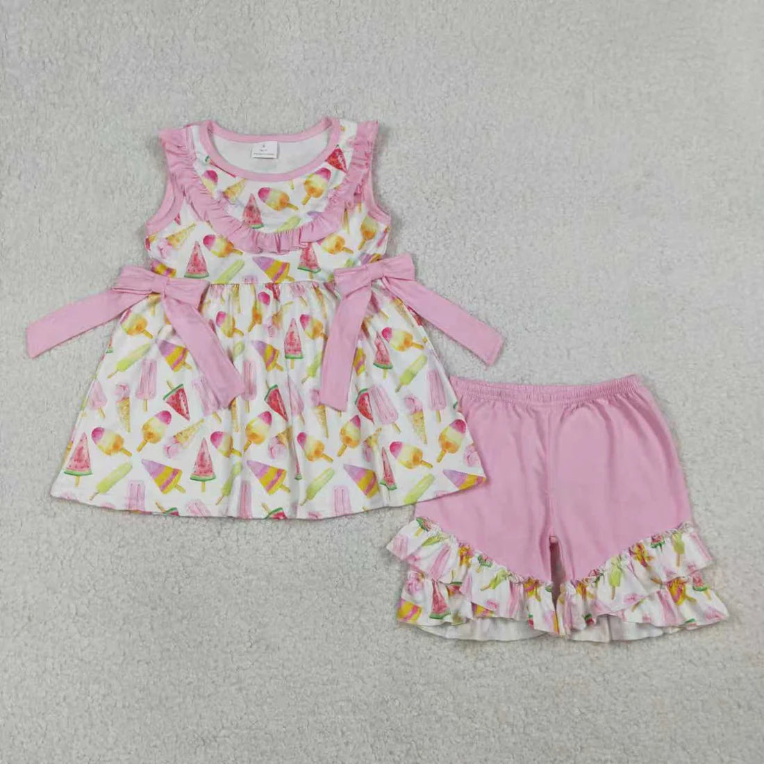 1.15 RTS Sibling Baby Girls Sleeveless Ice Creams Tunic Ruffle Shorts Clothes Set Knee Length Dresses