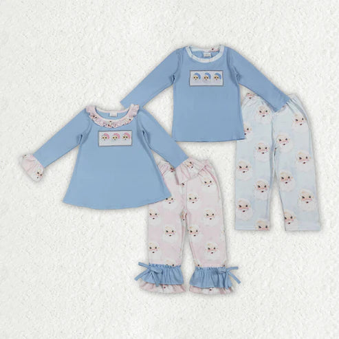 9.20 RTS Sibling Embroidery Santa Baby Boys Girls Blue Shirts Top Pants Christmas Clothes Sets