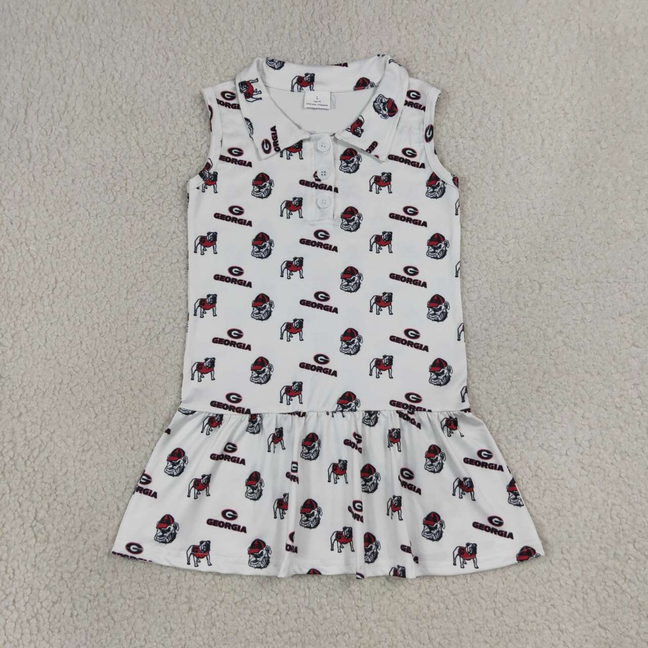 GSD3865 RTS NO MOQ （In stock）Baby Girls White Team Sleeveless Button Front Knee Length  Dress