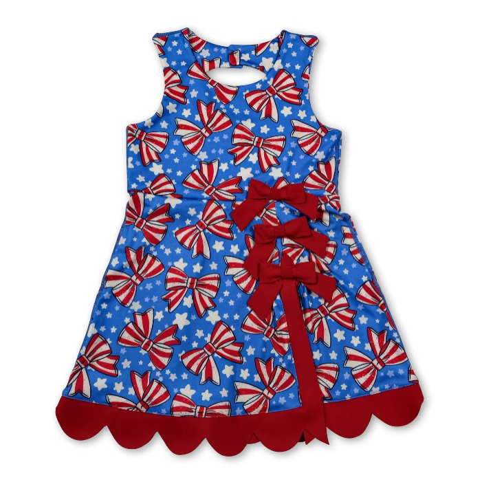RTS NO MOQ Sibling yoga fabric Baby Girls Bow Scallop Trim Knee Length  Athletic Short Dress