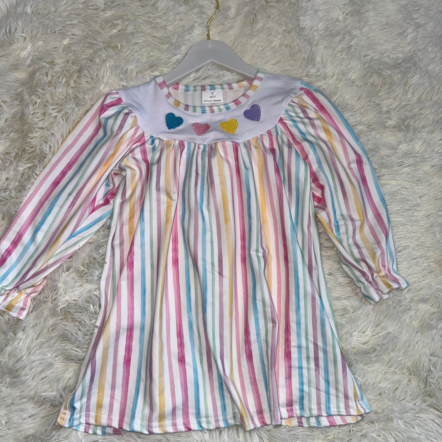 11.14 RST GLD1335 Embroidery Hearts Baby Girls Colorful Stripes Valentine Knee Length Dresses