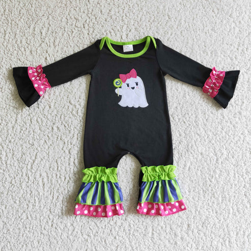 9.19 RTS Sibling Baby Girls Green Stripe Embroidery Ghost Tunic Ruffle Pants Halloween Clothes Sets Rompers