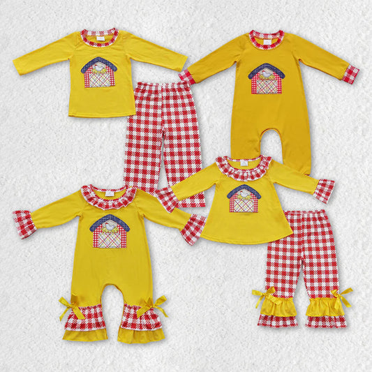 10.4 RTS Sibling Embroidery Baby Girls Fall Farm House Boys Rompers Outfits Sets