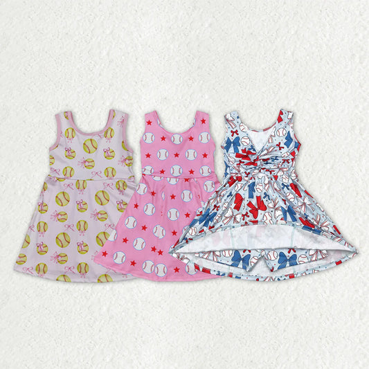 3.18 RST Sibling Baby Girls Softballs Baseballs Bows Yoga Active Short Team Knee Length Dresses