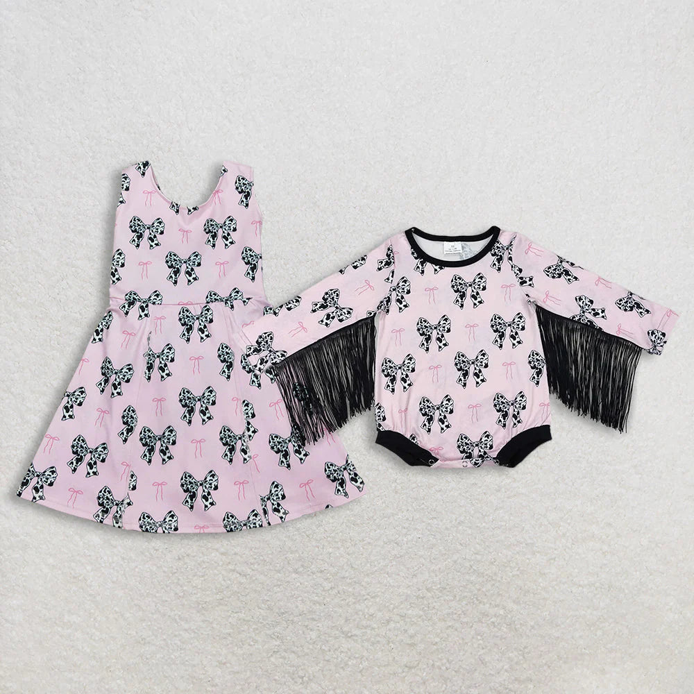 2.3 RTS Sibling Baby Girls Cow Print Bows Short Knee Length Dress Tassel Rompers