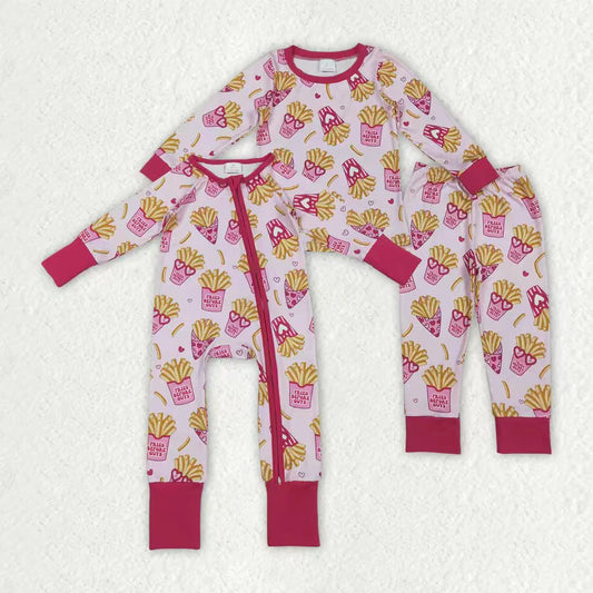 12.2 RTS Sibling Baby Girls Hearts Chip Valentines Pants Pajamas Set Zipper Convertible Rompers