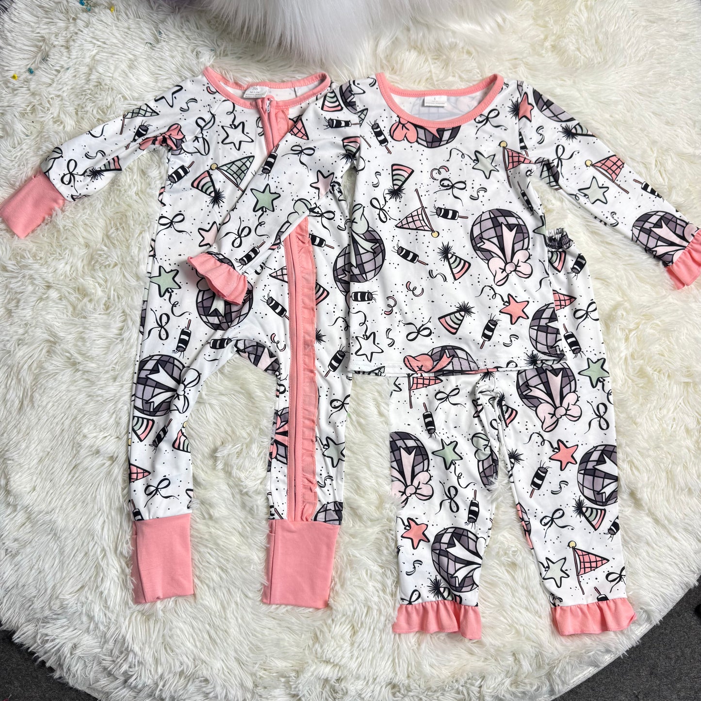 12.18 RTS Sibling Baby Girls Happy New Year Ruffle Pants Pajamas Sets Two Way Zip Convertible Rompers