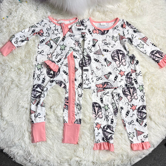 12.18 RTS Sibling Baby Girls Happy New Year Ruffle Pants Pajamas Sets Two Way Zip Convertible Rompers
