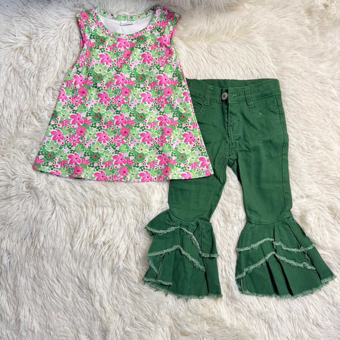 1.10 RST GT1015 + P0171 Baby Girls Sleeveless Green Pink Floral Yoga Shirts Tops Ruffle Green Denim Bell Pants