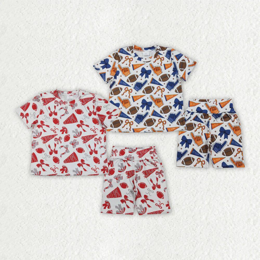 2.4 RTS Sibling Baby Girls Short Sleeve Bows Footballs Top Short Go Team Pajamas Clothes Sets