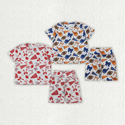 2.4 RTS Sibling Baby Girls Short Sleeve Bows Footballs Top Short Go Team Pajamas Clothes Sets