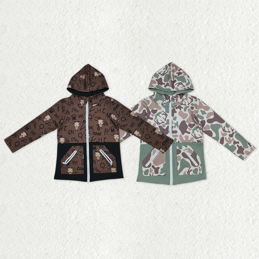 11.13 RTS Sibling Baby Boys Bull Skulls Deer Camo Pockets Zipper Hoodies Jackets Tops