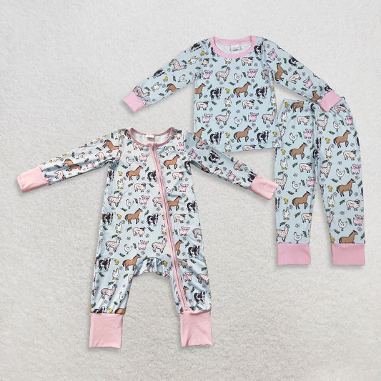 RTS NO MOQ Sibling milk silk Baby Girls Cute Farm Animal Cow Chick Long Sleeve Top Elastic Waist Pants Sleep Set Two Way Zip Convertible Rompers
