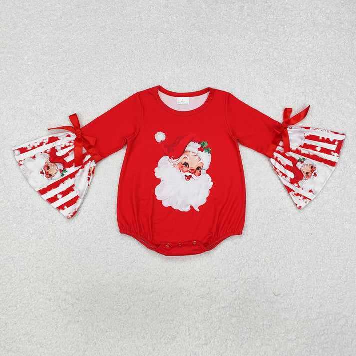 Baby Girls Santa Claus Print Red Stitching Red and White Striped Long Sleeve Dress & Romper & Long Sleeve Pants Set