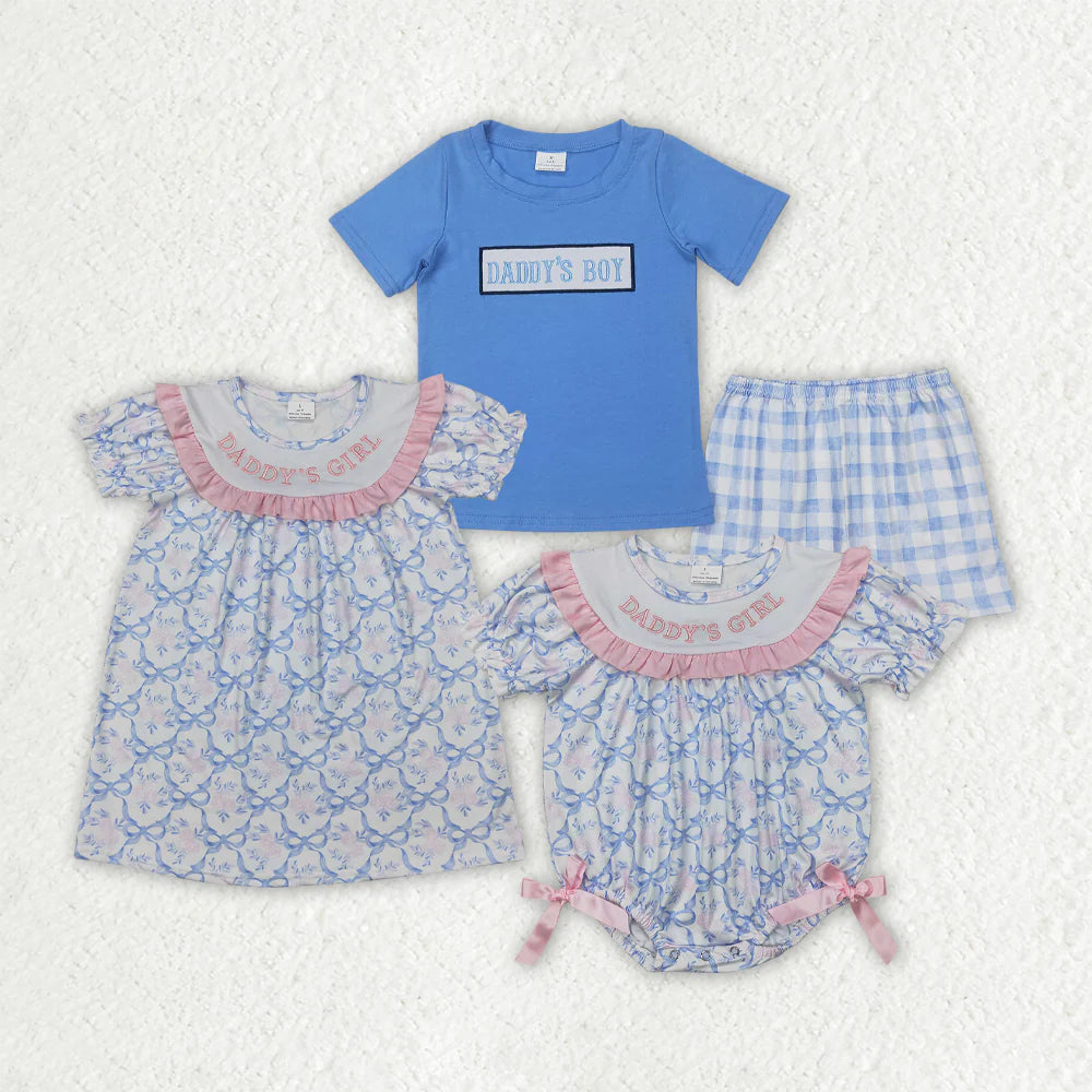 11.10 RTS Sibling Baby Girls Blue Flowers Bows Tunic Ruffle Shorts Clothes Sets Rompers