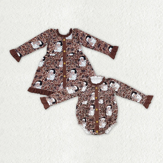 Baby Girls Dark Brown Leopard Santa Button Long Sleeve Dress & Romper
