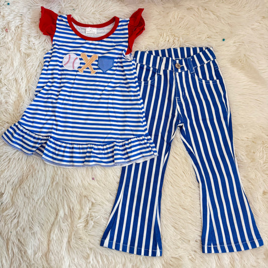 12.29 RST GT0560 + P0761 Baby Girls Blue Stripes Baseball Flutter Sleeve Tunic Top Stripes Bell Bottom Denim Jeans Pants