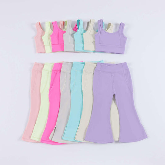 Hot Pink Fashionable Crop Top with Floral Yoga Pants for Little Girls